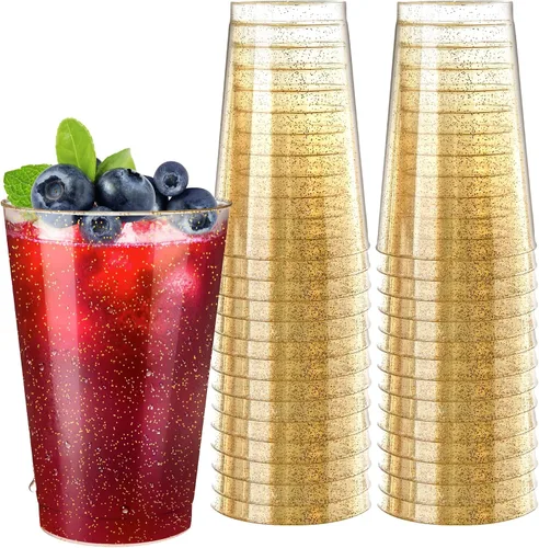 Miniatura 15 de Byvivace Vasos de plástico transparente de 12 onzas con borde dorado, resistentes y aptos para alimentos, desechables, copas de vino, copas de boda