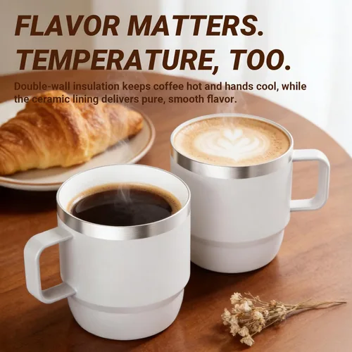 Miniatura 3 de Taza de café pequeña de 8 onzas con tapa deslizante magnética y asa, acero inoxidable 18/8 con forro de cerámica, doble pared aislada al vacío