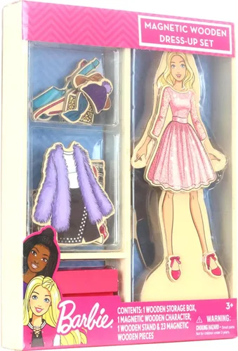 Miniatura 2 de Barbie - Juguete magnético de madera para disfrazarse, juego de simulación con muñeca Barbie de madera, trajes para mezclar y combinar y caja