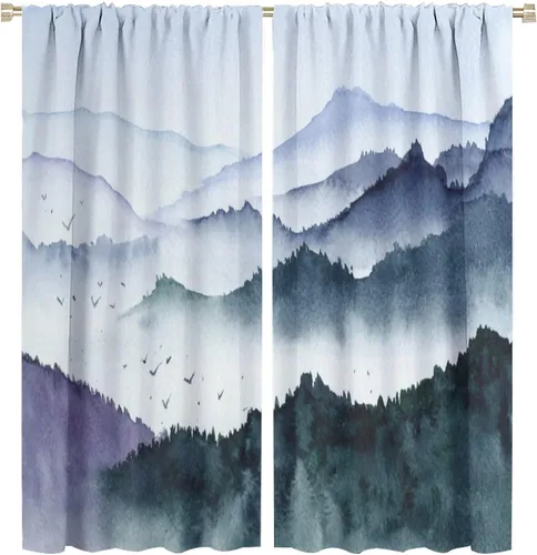 Miniatura 19 de BAEKJIN Cortinas verdes de bosque brumoso, acuarela, naturaleza, paisaje, plantas, árbol, bolsillo para barra, opacas, tratamiento de ventana