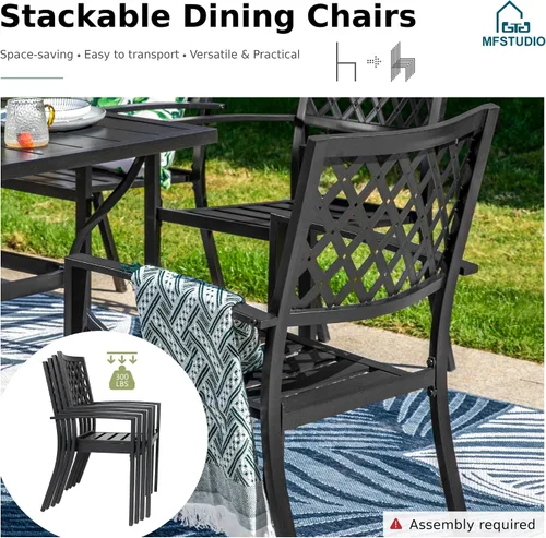 Miniatura 5 de MFSTUDIO Juego de 2 sillas de patio, sillas de comedor de metal para exteriores, sillas de comedor apilables de hierro forjado negro para terraza
