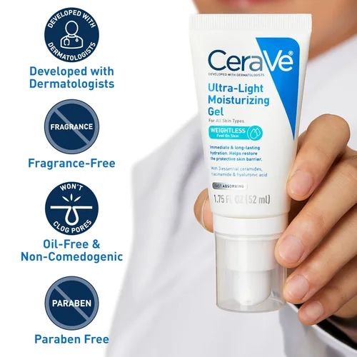 Miniatura 5 de CeraVe Gel hidratante ultraligero, gel hidratante facial para hombres y mujeres con ceramidas, niacinamida, ácido hialurónico, sin fragancia, sin