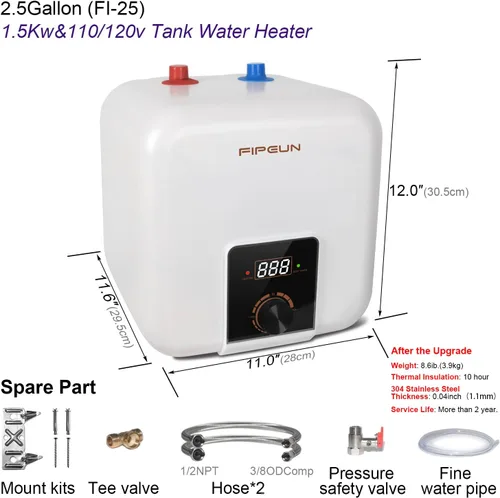 Miniatura 3 de Tanque pequeño de 110V/115v/120V 1400-1500W para debajo del fregadero, calentador de agua de 2.5 galones con almacenamiento en caliente, mini