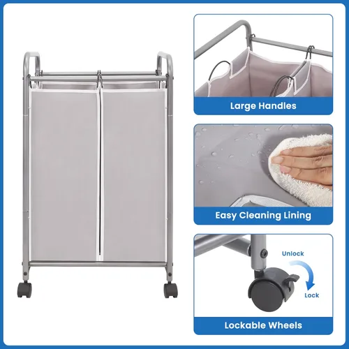 Miniatura 6 de STORAGE MANIAC Clasificador de ropa sucia de 2 secciones, cesta de lavandería de 90 litros con ruedas, clasificador separador de cesta de ropa, Gris