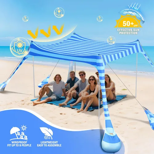 Miniatura 2 de 2PM SPORTS - Tienda de campaña de playa de 10 x 10 pies, protección UV UPF 50+, 8 sacos de arena, fácil instalación, toldo portátil para playa, Azul