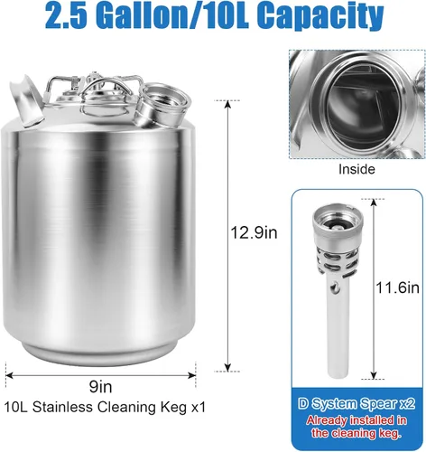Miniatura 2 de Kit de limpieza de línea de cerveza inoxidable de 2.5 galones con lanzas 2 D para montaje de acoplador D, kit de limpieza eficiente de línea
