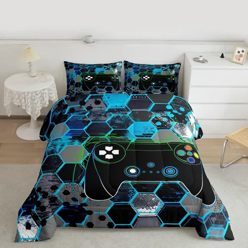Miniatura 4 de Manfei Juego de edredón moderno de 2 piezas con estampado de consola de videojuegos de panal azul con 1 funda de almohada, juego de ropa de cama