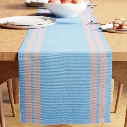 Encasa XO Camino de mesa de comedor de 13 x 72 pulgadas | Algodón acanalado fino teñido con hilo | Azul escalera | Lavable a máquina Escalera Azul