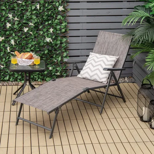 Miniatura 4 de COSTWAY 2 piezas de tumbona plegable, tela ligera y transpirable, silla reclinable de bronceado al aire libre para terraza, playa (gris)