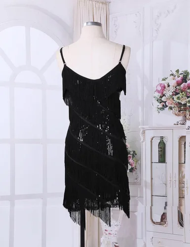 Miniatura 3 de CHICTRY Vestido de mujer con tirantes delgados, borlas de lentejuelas, con flecos, vestido de fiesta, baile, vestido de noche