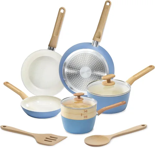 GoodCook Juego de utensilios de cocina de cerámica saludable con infusión de titanio, 10 piezas, color azul claro, ollas, sartenes, vaporera,