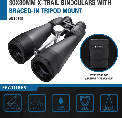 Miniatura 3 de Barska 30x80mm X-Trail Binoculars with Tripod Mount – Powerful Long Range BAK4 Porro Prism, Multi-Coated Optics, Wide Angle, Rubber Armor, for