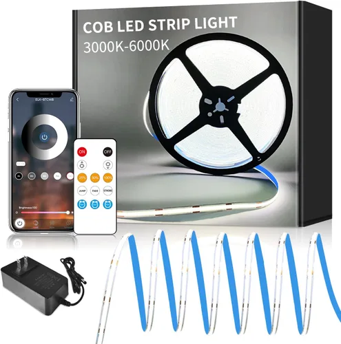 Miniatura 12 de Tira de luz LED COB de 32.8 pies, color blanco, regulable, CC de 24 V, 6000 K, cinta de luz LED flexible para dormitorio, con control remoto