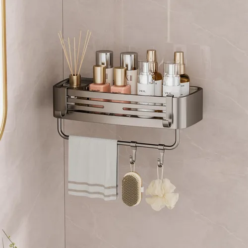 Organizador de ducha con ventosa, sin perforación, estante de ducha de esquina de baño, organizador de baño extraíble con barra de toalla para