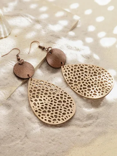Miniatura 3 de MINACHI Bohemian Hollow Cut-Out Wood Leather Dangle Drop Earrings, Boho Chic Hippie Statement Jewelry Gift for Women