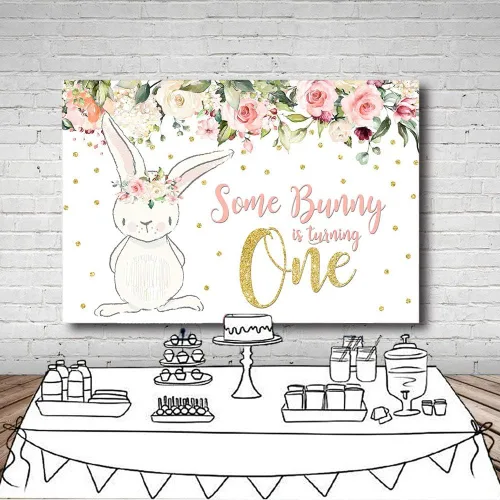 Miniatura 5 de MEHOFOTO - Telón de fondo para fiesta de cumpleaños de 8 x 6 pies, diseño floral rosa con purpurina dorada con texto en inglés "Some Bunny One Girl