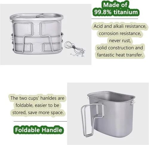 Miniatura 5 de iBasingo Kit de desorden de cantina de titanio con mango plegable, anillo colgante ultraligero portátil para almuerzo al aire libre camping