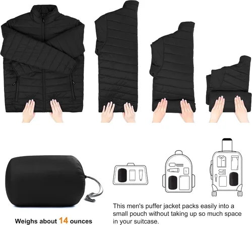 Miniatura 6 de Outdoor Ventures Chaqueta de invierno acolchada ligera y plegable para hombre, con aislamiento, para nieve, esquí, senderismo, viajes