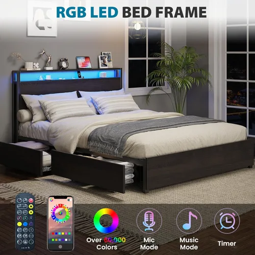 Miniatura 4 de Kiivakii Estructura de cama tamaño completo con cabecero, cama plataforma LED con 4 cajones de almacenamiento, estación de carga integrada, sin Negro