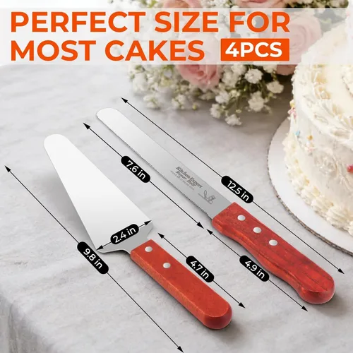 Miniatura 2 de Juego de 4 piezas para cortar pasteles para boda, con 2 cuchillos y 2 servidores, mango de madera y cortador de pastel de acero inoxidable
