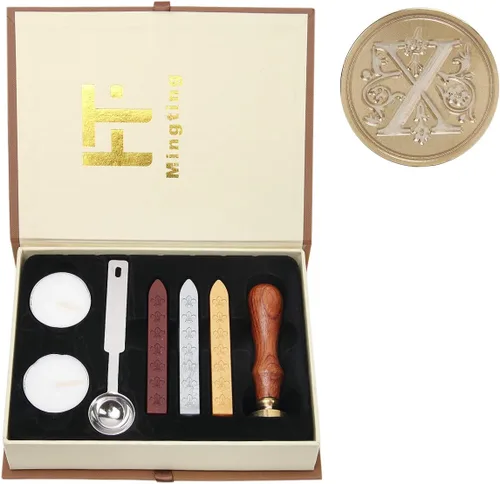 Miniatura 14 de Juego de sellos de cera, Juego clásico de sellos de cera antiguo estilo antiguo con letras iniciales del alfabeto, Caja de regalo con asa de madera