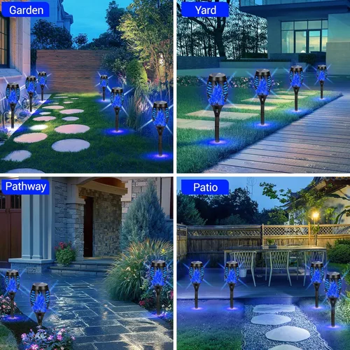 Miniatura 2 de Paquete de 4 antorchas solares impermeables para exteriores, llama parpadeante azul, luces solares de jardín para patio, antorchas Tiki