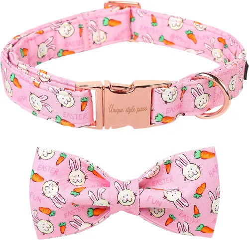 Unique style paws Collar de Pascua para perro con pajarita de conejo y zanahoria para cachorros pequeños, medianos y grandes, XS Zanahorias y conejos