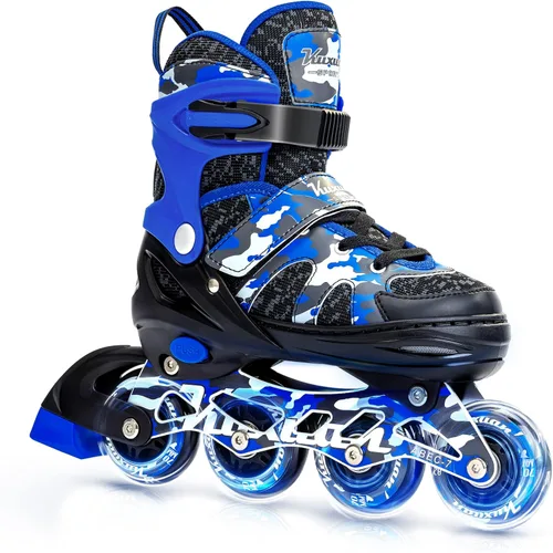 Kuxuan Patines en línea ajustables para niños con ruedas iluminadas, divertidos patines iluminadores para niños, niñas y jóvenes Azul