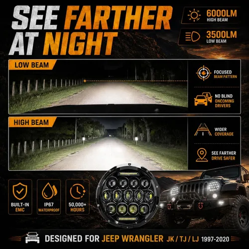 Miniatura 4 de JHLion - Faros delanteros LED de Jeep Wrangler, 7 pulgadas para Jeep Wrangler JK/TJ/LJ 1997-2020, 150W, faros redondos LED aprobados por DOT, 500%