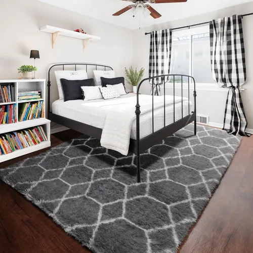 Miniatura 6 de ONASAR Alfombras de área para sala de estar y dormitorio, alfombra esponjosa lavable de 5x8 pies gris y blanca, alfombra de piso suave, afelpada