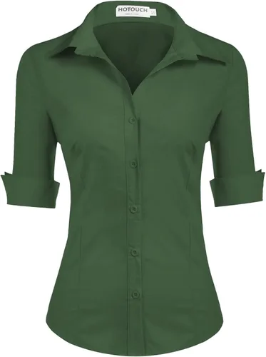 Miniatura 13 de HOTOUCH Camisa de manga 3/4 con botones para mujer, blusas de trabajo ajustadas, camisas de vestir de algodón, camisas de oficina