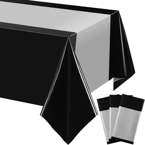 Miniatura 9 de Tatuo Juego de 6 manteles de plástico negro y dorado de 54 x 108 pulgadas, manteles rectangulares desechables y camino de mesa para graduación, baby