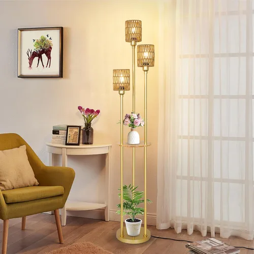 Miniatura 3 de Lámpara de pie bohemia con estantes, lámpara de pie alta de granja de 3 luces con interruptor de pie de encendido/apagado, lámparas de pie modernas