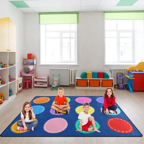 Miniatura 9 de Alfombras de juego para aula, alfombra de 5 x 7 pies para niños con parte trasera de goma, círculo colorido sobre fondo azul, alfombra de juego