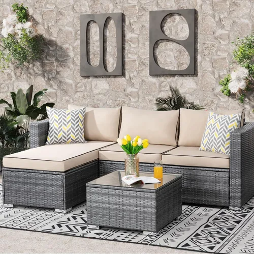 SUNLEI Sofá seccional de patio de 3 piezas, juego de muebles de patio con cojines suaves desmontables, juego de sofá de conversación de mimbre de