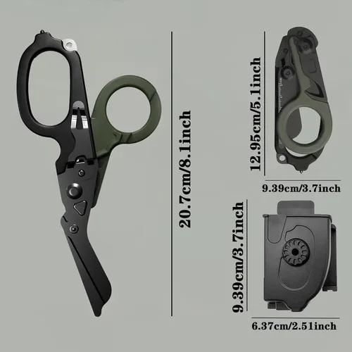 Miniatura 7 de Tijeras de trauma multifuncionales 6 en 1 plegables con funda negra, entornos extremos respuesta de emergencia, trauma cizalla para enfermeras, Negro