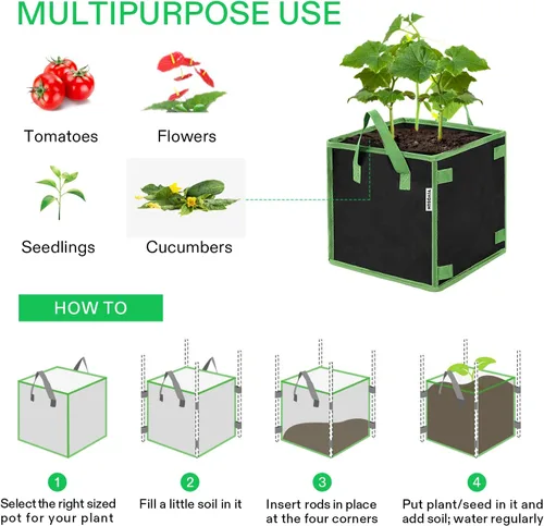 Miniatura 4 de VIVOSUN Paquete de 5 bolsas de cultivo cuadradas de 3 galones, macetas gruesas de tela cúbica no tejida con asas para jardinería interior y exterior
