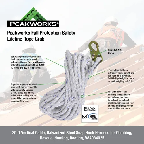 Miniatura 7 de Peakworks Línea de vida vertical estándar – Cuerda de poliacero de 5/8 pulgadas con gancho a presión – Industrial, construcción, techos, protección
