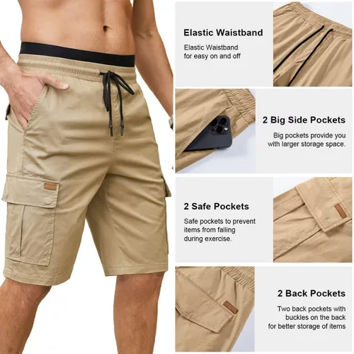 Miniatura 3 de Pantalones cortos cargo para hombre, cintura elástica, cordón elástico, pantalones cortos de golf al aire libre con 6 bolsillos