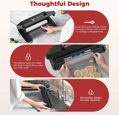 Miniatura 3 de Máquina selladora al vacío de 95 KPa para alimentos, completamente automática con doble sellado térmico de 0.472 in, modos 10 en 1, cortador Plateado