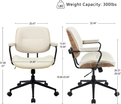 Miniatura 2 de BV Mid Century Modern - Juego de 1 silla de oficina giratoria con reposabrazos y respaldo de nogal, silla de escritorio ajustable para oficina