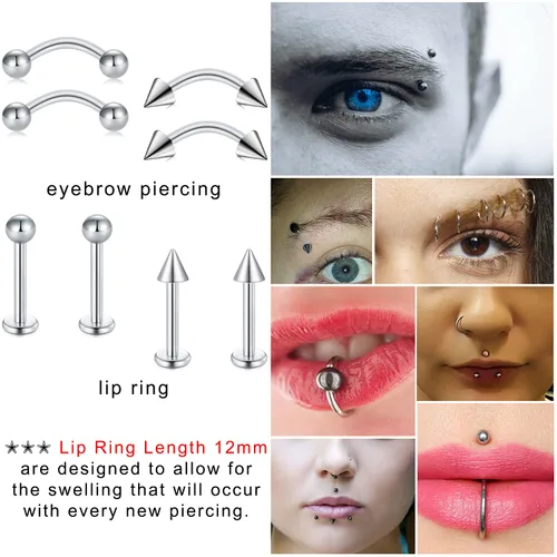 Miniatura 6 de JIESIBAO Juego de 66-113 piercings mixtos para todos los piercings de acero inoxidable 14G 16G 18G 20G nariz tabique cartílago tragus, aretes