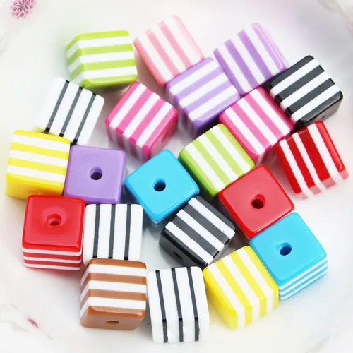 Miniatura 2 de 200 cuentas de rayas de resina de 0.315 pulgadas (0.315 in), colores mezclados, cuadrado, arco iris, para hacer joyas, cubo de plástico, espaciador