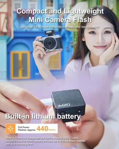 Miniatura 4 de Godox iM20 con difusor Godox Mini Flash - Flash de cámara GN10, 5 niveles de potencia, batería USB-C, 440 destellos de potencia completa, tiempo