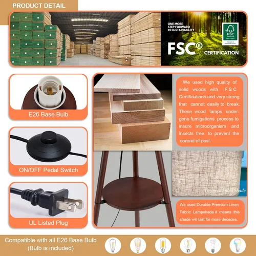 Miniatura 4 de Lámpara de pie con trípode de madera Baobab Tree Park BTP para sala de estar, bombilla LED de 3 temperaturas de color incluida, lámpara de pie