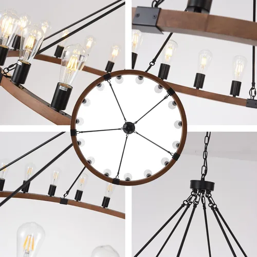 Miniatura 9 de Candelabro de Rueda de Vagón de Madera de 15 Luces, Candelabro de Granja Rústico Vintage con Bombillas E26, 32" Candelabro Industrial