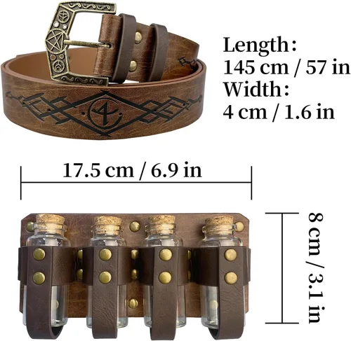 Miniatura 6 de HiiFeuer Cinturón medieval con hebilla de piel sintética Alchemy en relieve con 4 viales de corcho, cinturón de botellas de poción de mago