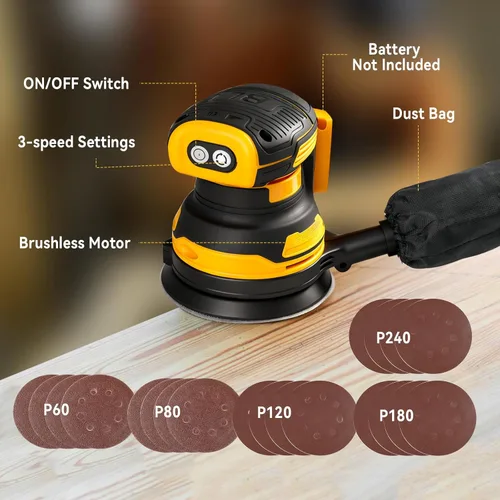 Miniatura 8 de Lijadora orbital aleatoria inalámbrica apta para batería Dewalt de 20 V, motor sin escobillas de 300 W, 11000 RPM, lijadora de palma de 5 pulgadas