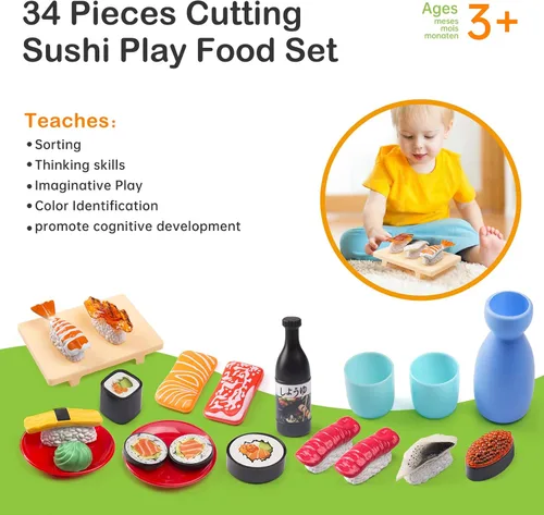 Miniatura 4 de Funpynani - Juego de comida de simulación para cortar sushi, 34 piezas, juguetes de alimentos de simulación con luz LED que cambia