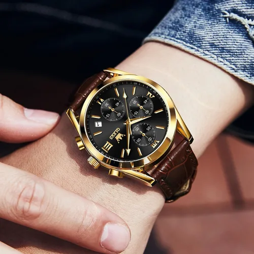 Miniatura 7 de OLEVS Reloj cronógrafo para hombre, reloj de pulsera analógico de cuarzo con correa de cuero para hombre (azulblanconegrodorado)